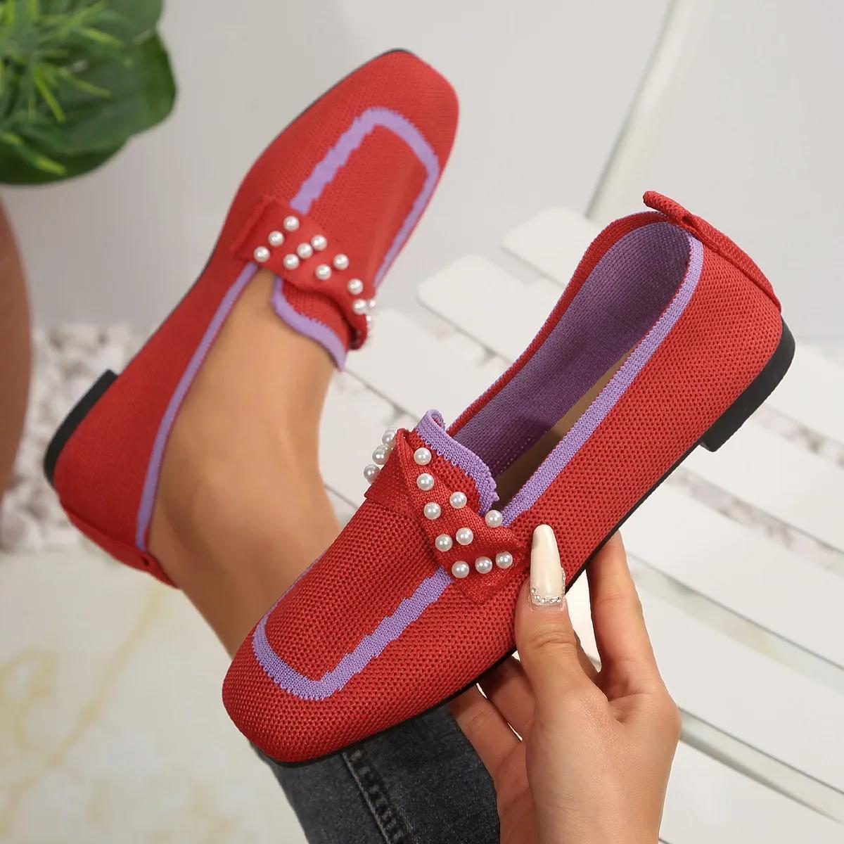 

Женские туфли на плоской подошве с квадратным носком, трикотажные туфли, женские дышащие модные мокасины, легкие кроссовки для женщин 43 красный