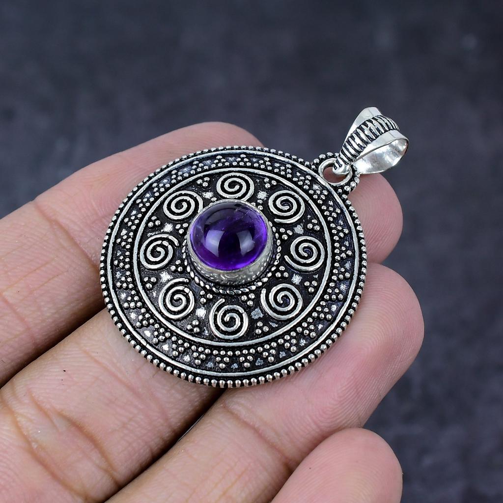 Sage Amethyst Gemstone Handmade 925 Sterling Silver Jewelry Pendant 1.75" D5W27