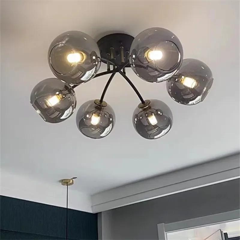 Industrial Retro LED Ceiling Lights Transparent Smoke Grey Glass Lampshade Design Black Gold Bedroom Decor Chandelier Light