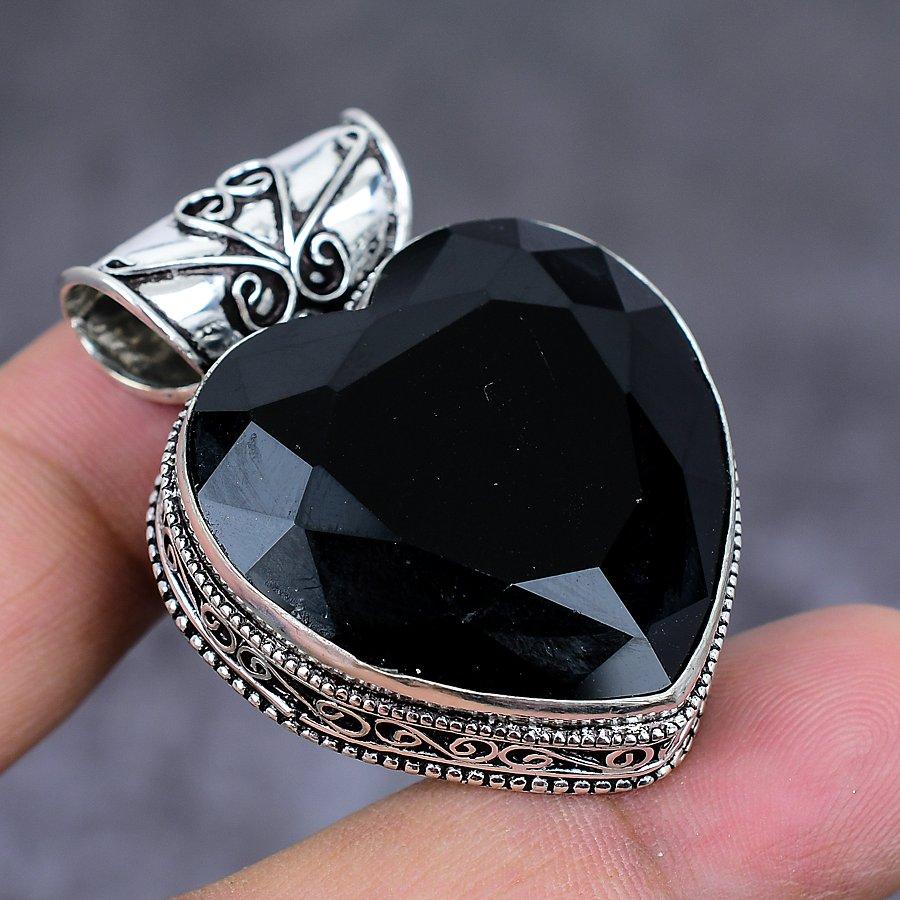 Black Spinel Gemstone Handmade 925 Sterling Silver Jewelry Pendant 1.77" O5s51