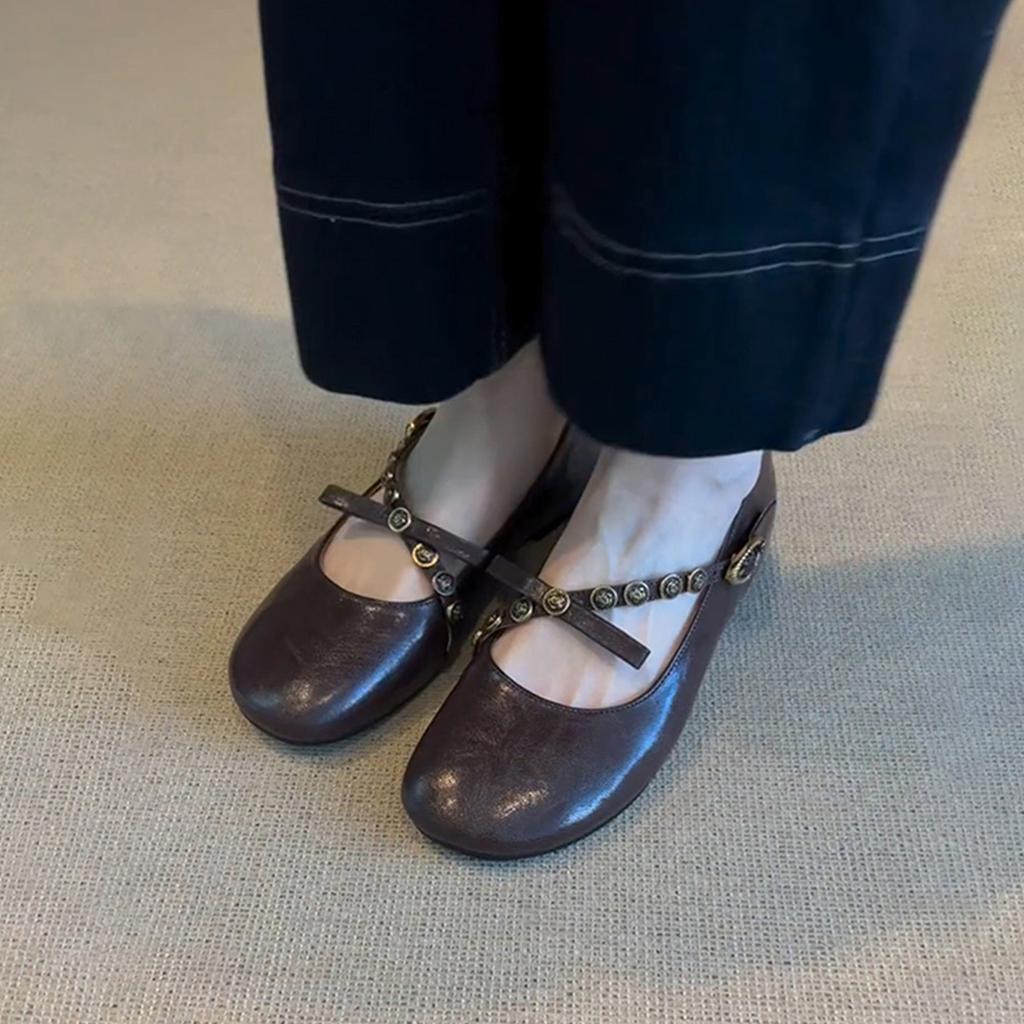 Sheepskin Version~ French Retro Shallow Mouth One-word Buckle Bow Single Shoes Flat Leather One-pedal Mary Jane Shoes Women