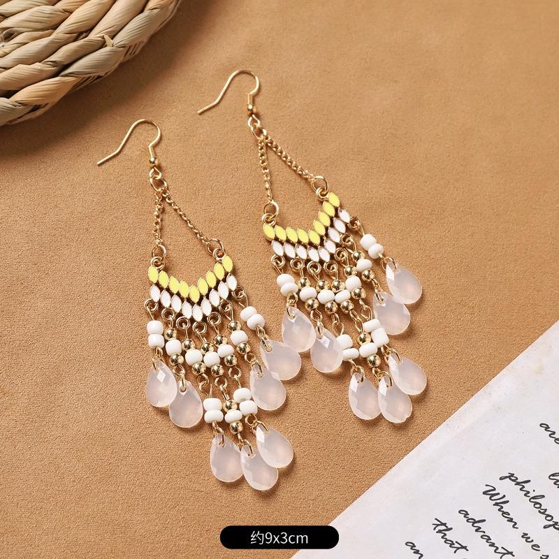 Bohemian Feather Earrings White Long Vintage Personality Tassel Women's Holiday Earrings