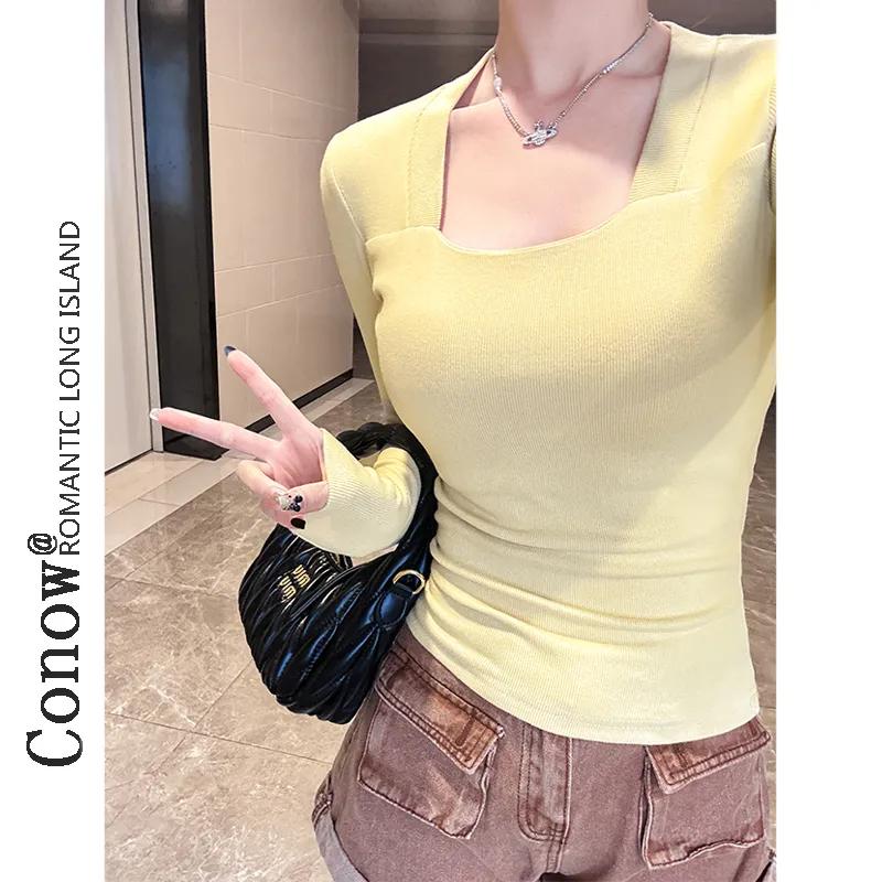 

Square Collar Versatile Bottoming Shirt Slim Top Fashion Mousse Double-sided Velvet Long-sleeved T-shirt for Women S жёлтый
