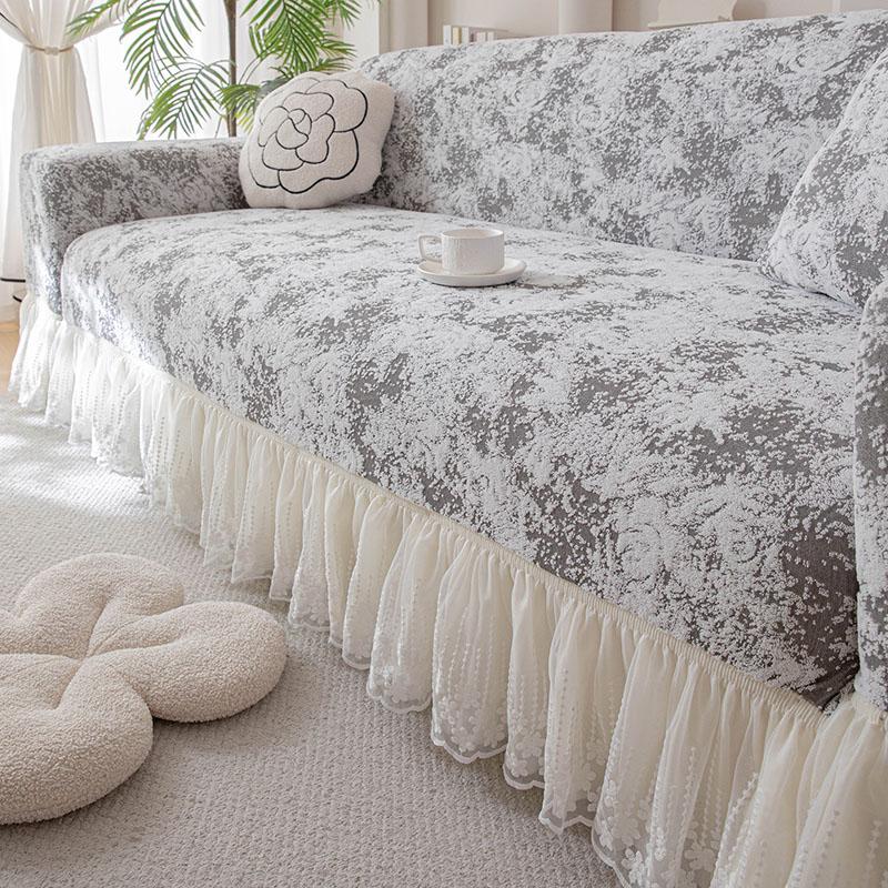 French Jacquard Elastic Sofa Cover With Skirt Hem All-Cover Anti Cat Scratch Couch Slipcover Elegant Rose Furniture Protector