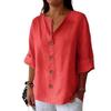 Spring and Summer New Fashionable Loose Fitting Women's V-neck Cotton Linen Button T-shirt Top for Women