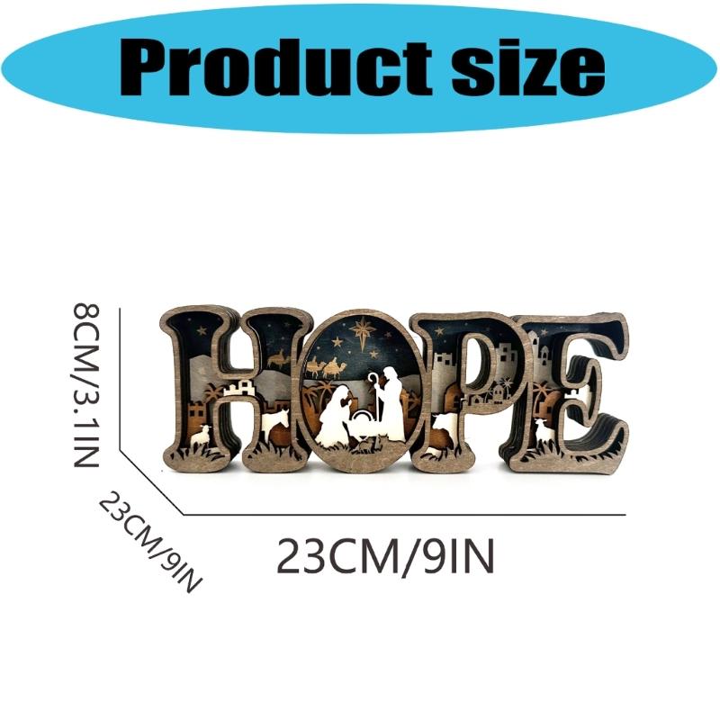 Handcrafted HOPE Letter Wooden Table Sign with Nativity Scene Carved Ornament Home Decors Safe Nontoxic Decoration
