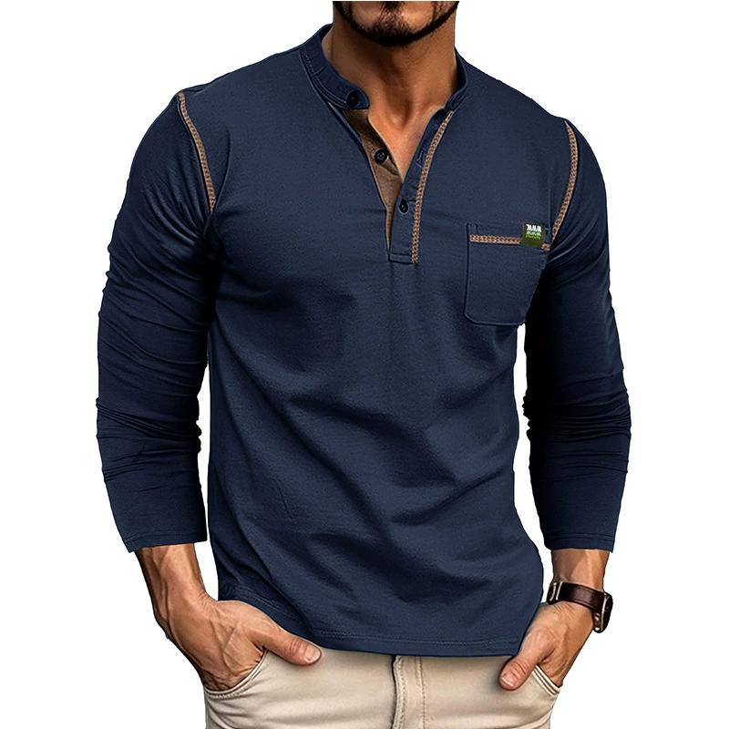 Men’s Long Sleeves Henley Shirts Cotton Pullovers Color Matching Knitted T-shirt Buttons Round Neck Breast-pocket Tops Stylish Daily Casual Menswear