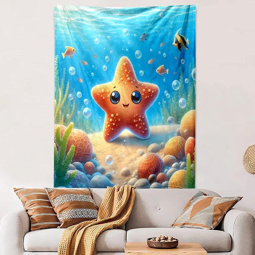 Smiling Starfish Underwater Scene Patterned Tapestry Decorative Wall Hanging, Home Bedroom Living Room Decor