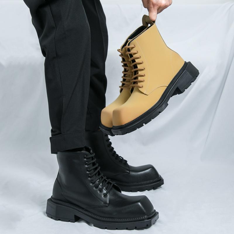 Men’s Retro Punk Thick Sole Platform Boots Jockey Boots Yellow Square Toe Motorcycle Boots High Boots Plus Size