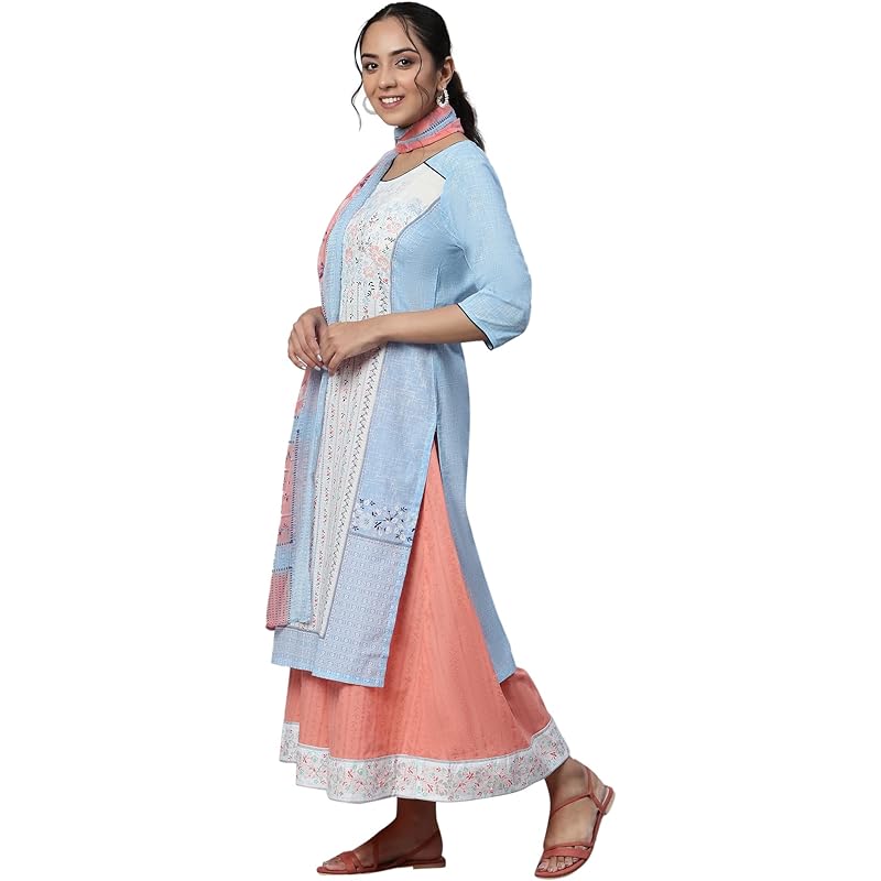 Aurelia Blue Floral Printed Cotton Kurta Dupatta Bottomwear Set for Women XS синий