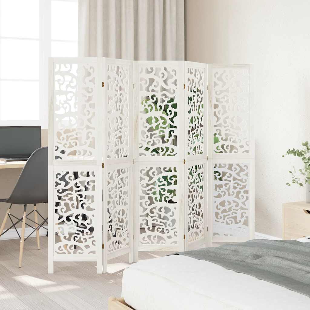 5 Panel Room Divider White Solid Wood Paulownia