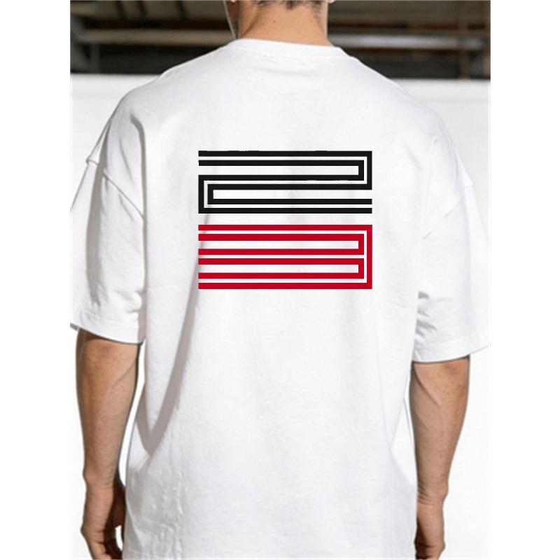 European sizes Men'S White Round Neck T-Shirt Featuring a Geometric Pattern, with a White Upper Part Adorned with Zigzag Lines