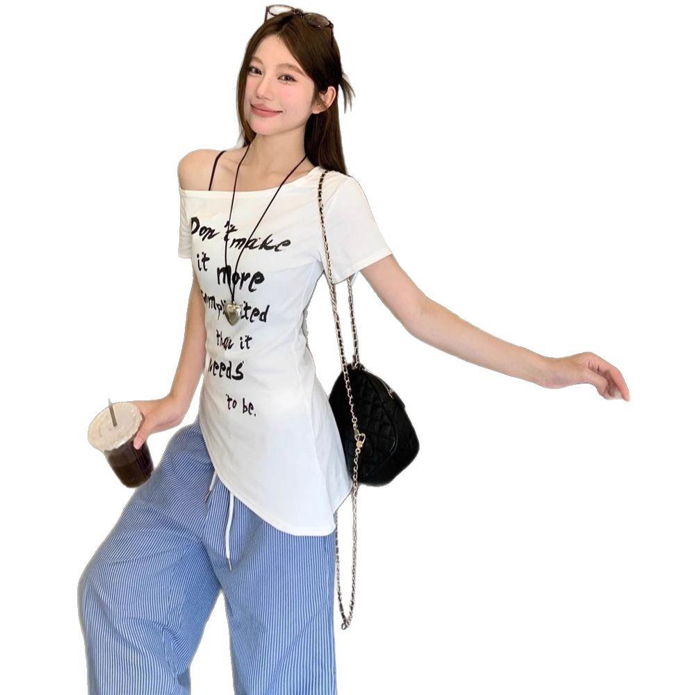 American Spicy Girl Off-Shoulder Short-Sleeve Letter Print T-Shirt - Women's Summer Bodycon Waist-Hugging Unique Design Top