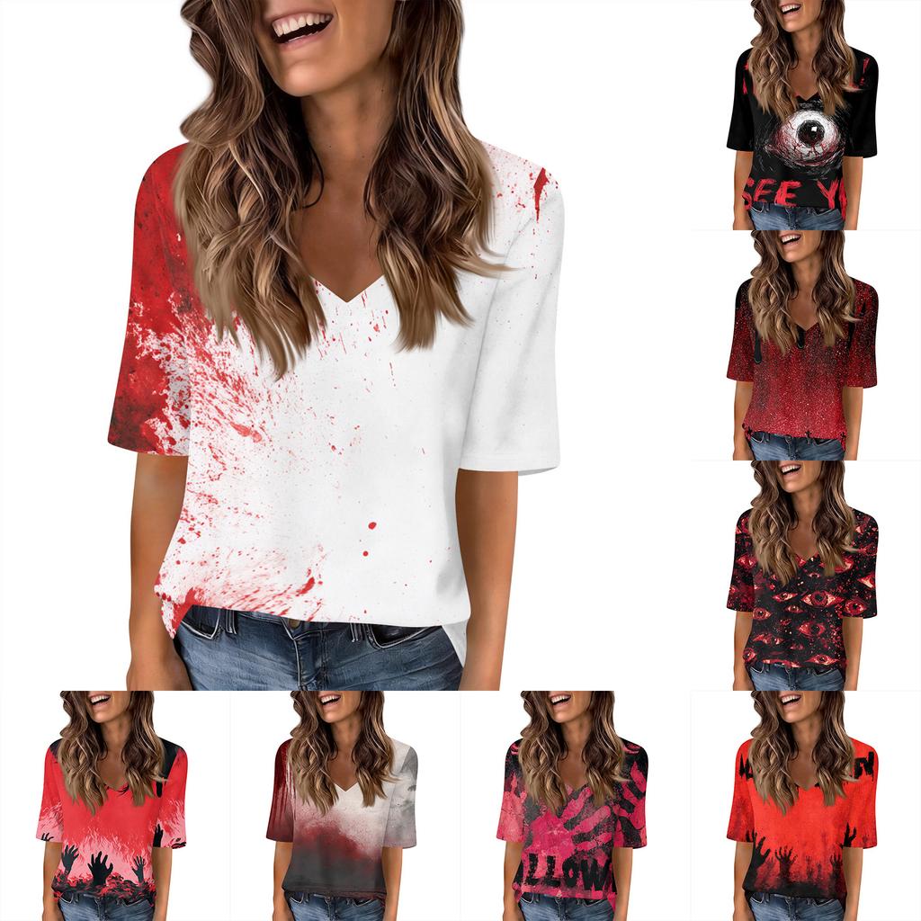 Women's Casual V-Neck Short Sleeve Blouse with Halloween Print