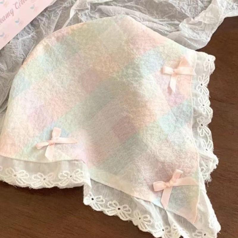 Koreanische Spitze Schleife Retro Dreieckstuch Einfarbig Kopftuch Trend Elegant Kopfbedeckung für Frauen Mädchen Y2K Schmuck 2024 INS Bandana