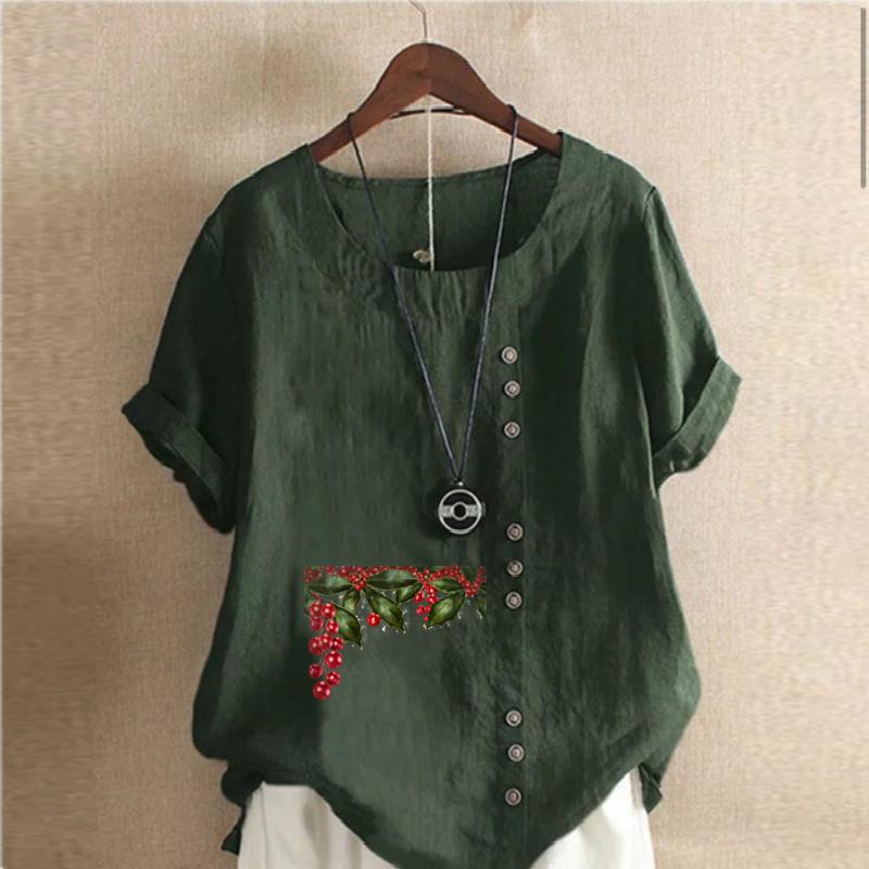 Women's Fashion Chinese Hawthorn Prined Round Neck Short Sleeve T-shirt Casual Cotton Linen Graphic Shirt Leisure Loose Summer Blouse Tops