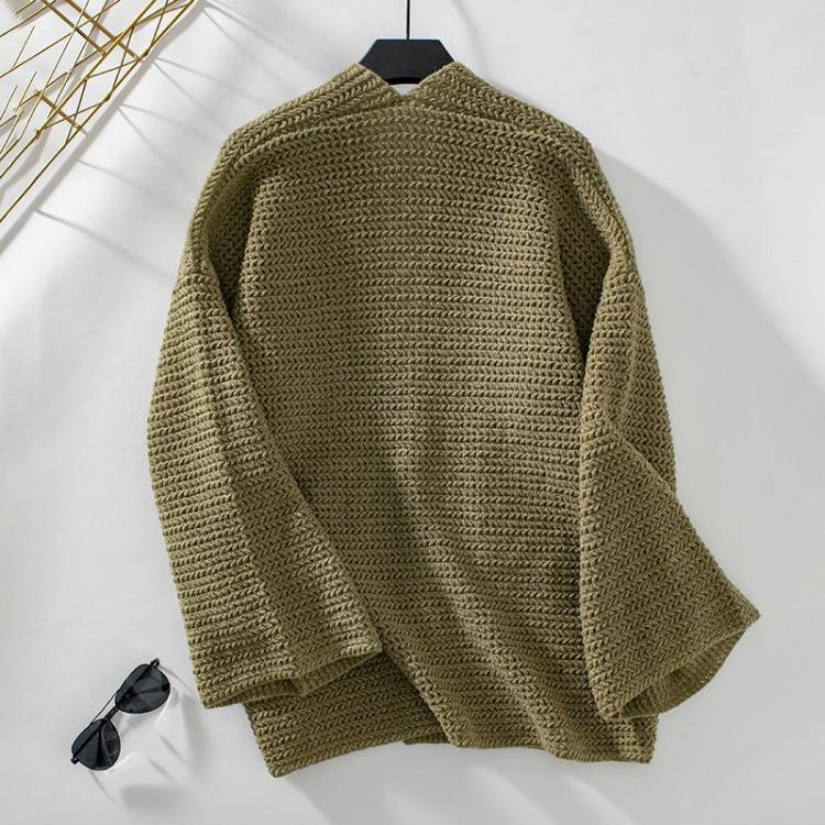 Vintage Herbst Winter Strickwaren Lockerer V-Ausschnitt Pullover Langarm Einfarbig Cardigan Oberteil