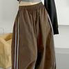 Women Cargo Pants Elastic Waist Drawstring Hem Casual Pants with Pockets Side Stripes Wide Leg Sport Pants Streetwear