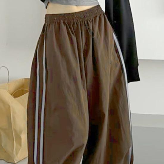 Women Cargo Pants Elastic Waist Drawstring Hem Casual Pants with Pockets Side Stripes Wide Leg Sport Pants Streetwear