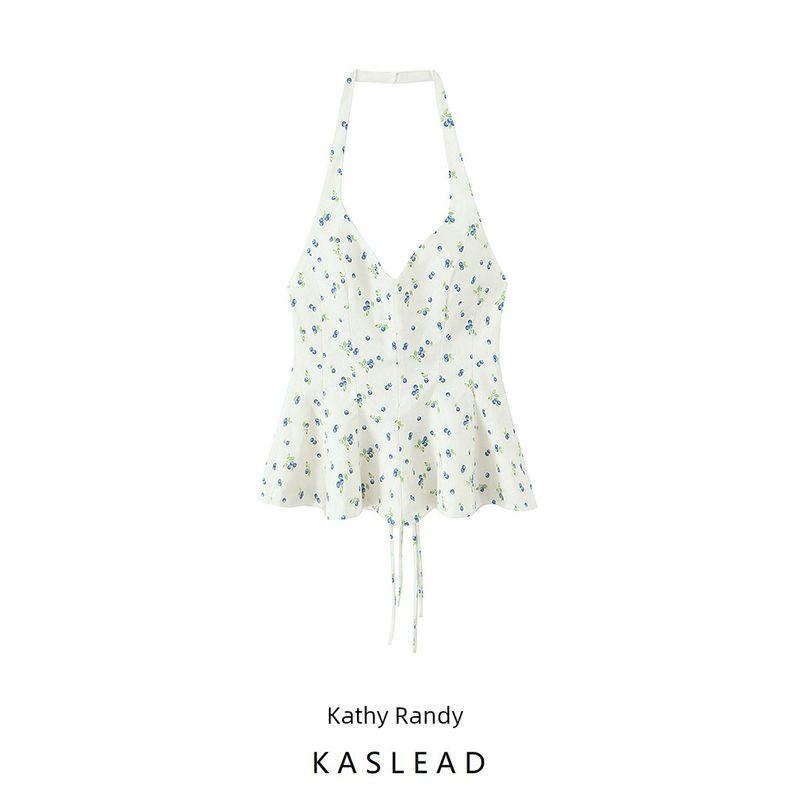 Kaslead New Women clothes Western Style Flower Print Poplin Neck Collar Top 3152086 080