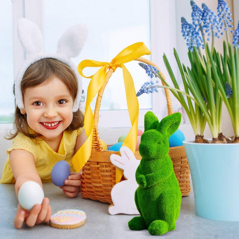 Easter Green Moss Bunny Standing Figurine Weatherproof Outdoor Garden Statue Desktop Ornament for Easter Party Kids Gift