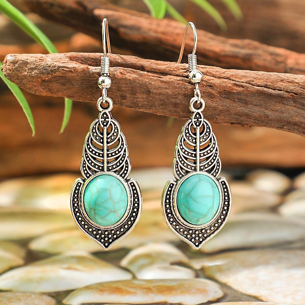 Temu explosive antike Silberohrringe mehrteiliger ethnischer Stil Türkisohrringe Hohlblumen-Accessoires Yiwu