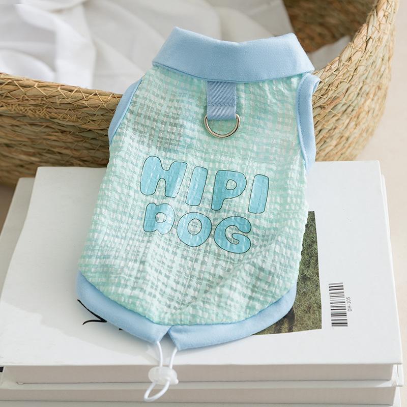 

Spring and summer thin breathable dog clothes jacquard plaid lapel traction vest small dog cat pet clothes XS (recommended weight 1-1.5kg) бонди синий