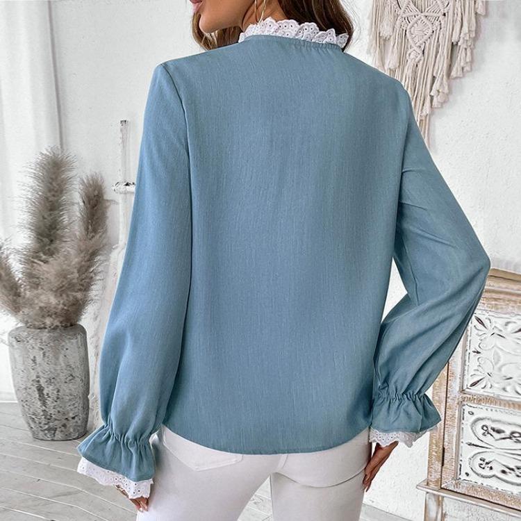 Spring Autumn Elegant Lacework Shirt Top for Women with Ruffles and Lantern Sleeve In Solid Color