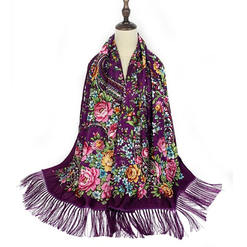 

70*200см Русский Национальный Квадратный Шарф Женский Роскошный Цветочный Принт Бандана Шарфы Украинская Бахрома Шаль Бабушка Головные Уборы