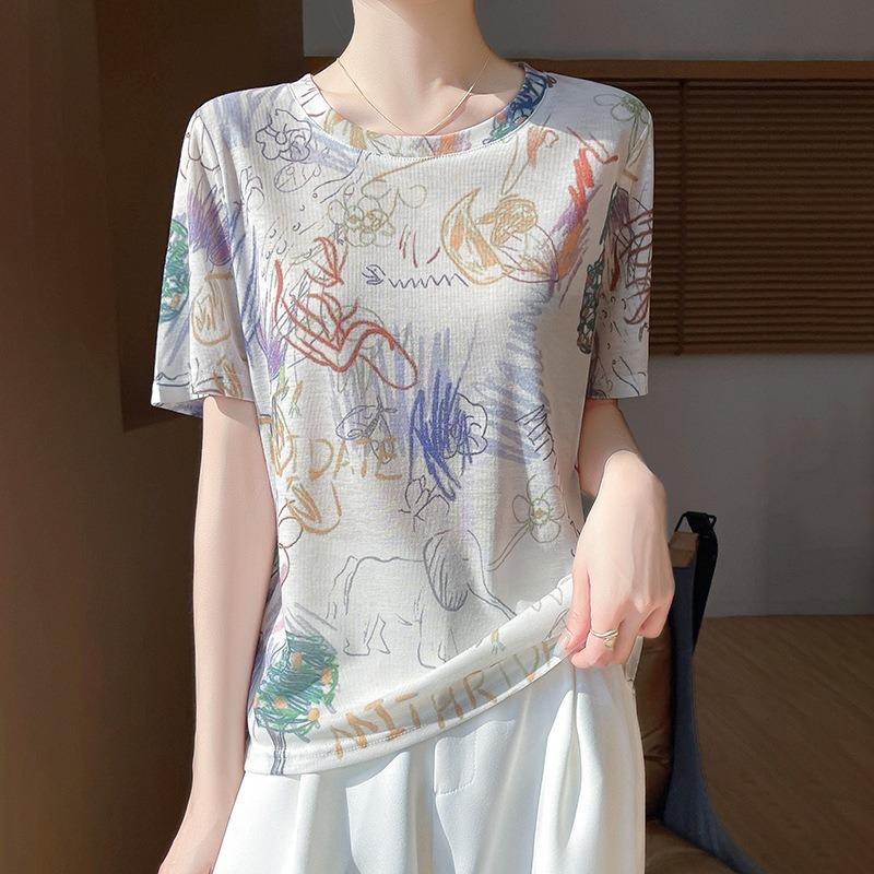 Women's New Summer Tie-dye Ink Painting Short-sleeved Casual Versatile Thin Positive Shoulder Round Neck T-shirt