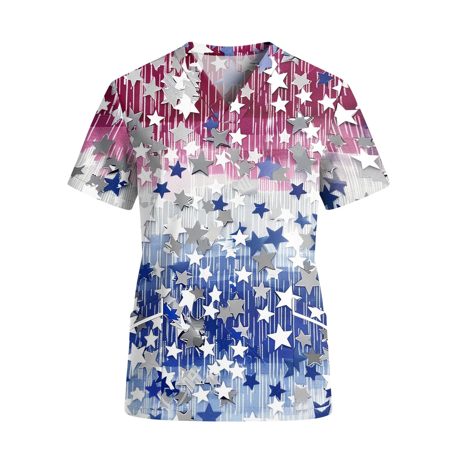 

Women s V Neck Short Sleeve Work Shirt with Pockets Independence Day Star Print Medical Scrub Top for Healthcare Professionals XL