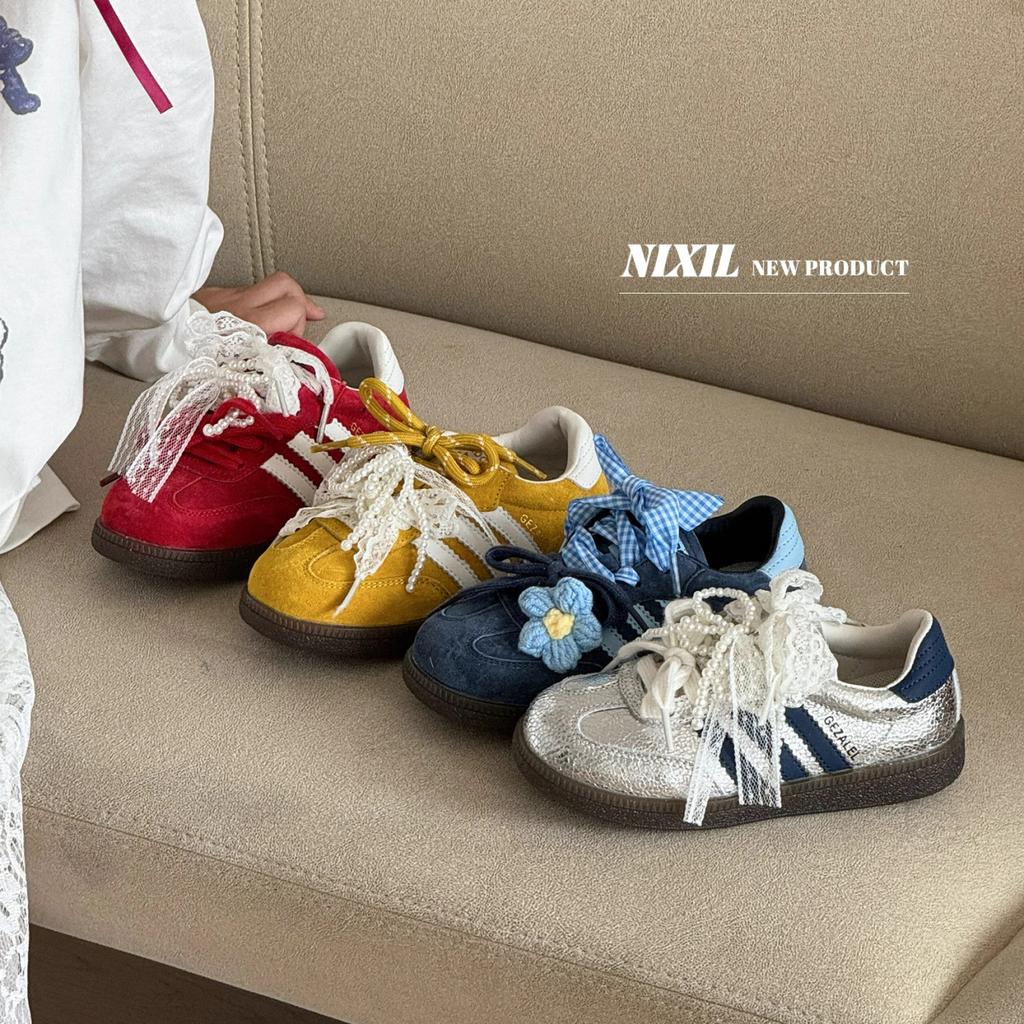 Korean Children's Casual Shoes Fashionable Retro Sports Shoes Lace Pearl Bow German Training Shoes