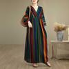Women's Long Sleeve Maxi Dress V Neck Loose Fit Vintage Striped Print Casual Long Dress