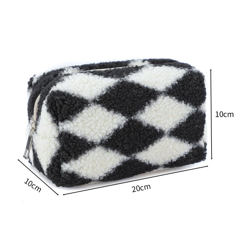 Large Capacity Pencil Case Plush Design Checkerboard Pattern Plush Pencil Case Large Capacity Stationery Storage Bag