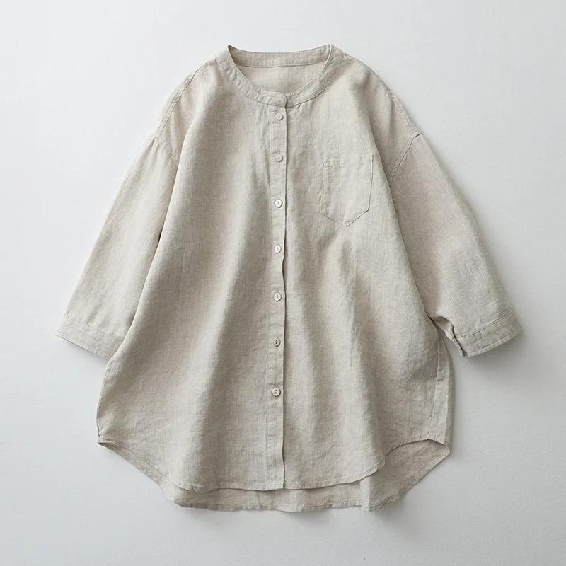 Summer Solid Color Shirt Stand-up Collar Seven-minute Sleeve Loose Japanese Women's Blouse Oversized Vintage Blouse