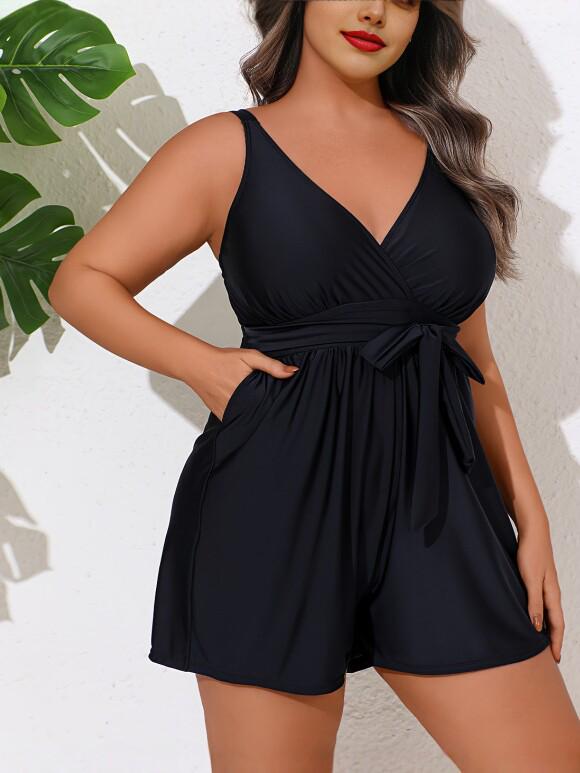 Women's Plus Size Deep V Strappy Swimsuit Boxers: Slimming One-Piece Vacation Swimwear