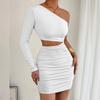 Fashion Single Shoulder Sleeve Hollow Out Dress Spicy Girl Slant Shoulder Hip Wrapping Sexy Party Short Dress Pleated Solid Colar Elegant Clothing