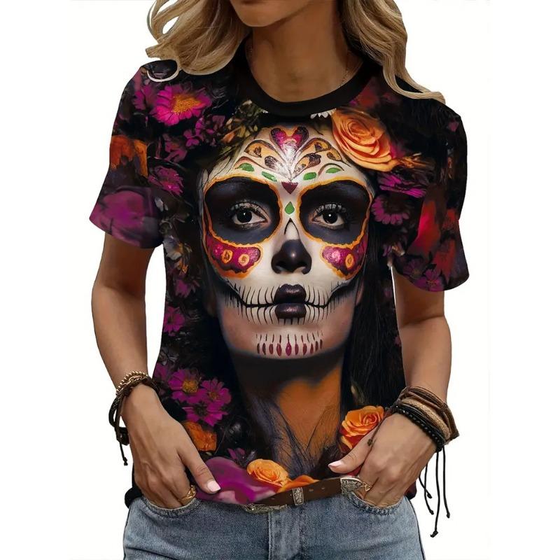 Fashion Skull Print Women s Short-Sleeved T-Shirt - Dark Round-neck Casual Top - Summer Clothing XL