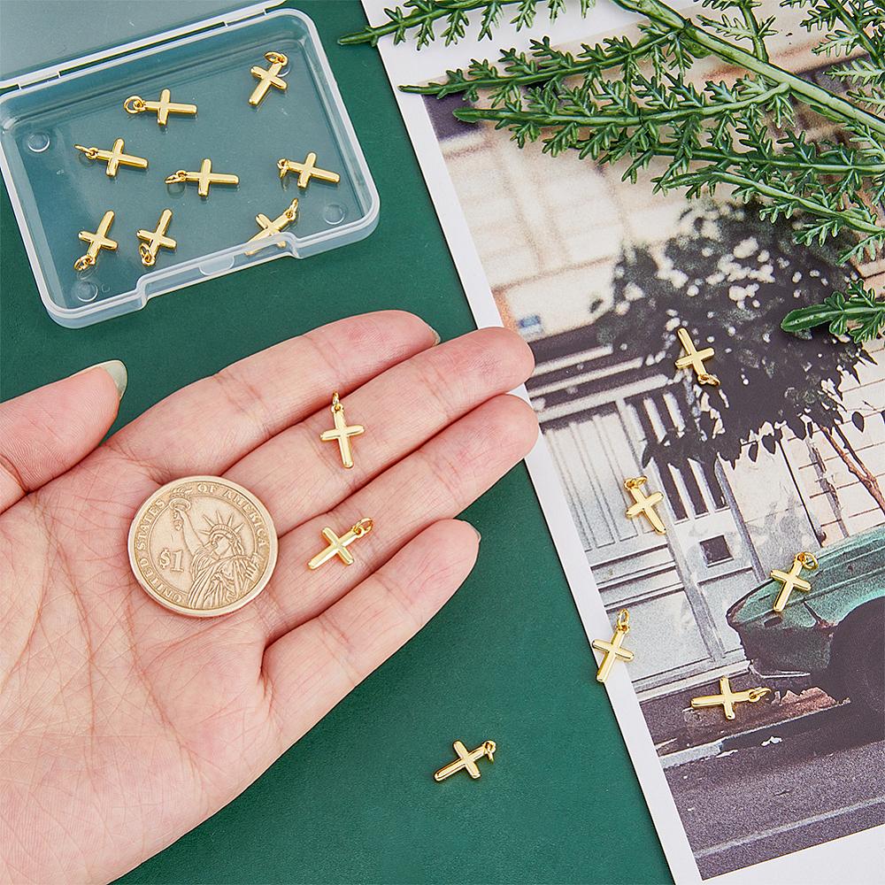 Brass Pendants, Cross, Real 18K Gold Plated, 13.5x8x1.5mm, Hole: 3.5mm, 16pcs/box