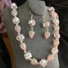 Pink Berry Cute White Murano with Pink Strawberry Necklace, Earrings