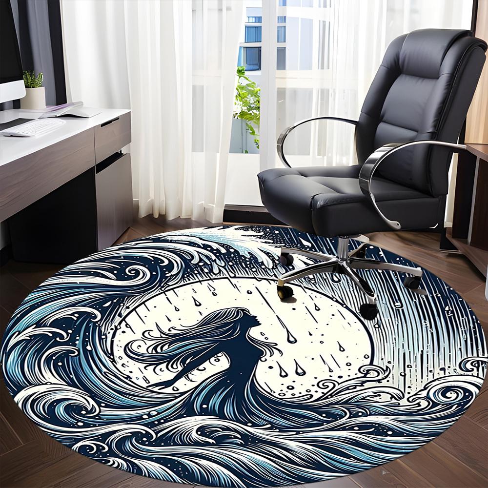 1pc Ocean Waves Office Round Area Rug,  Mat Suitable For Office, Under Office Chairs Bedroom Living Room Home Decor, Room Deco