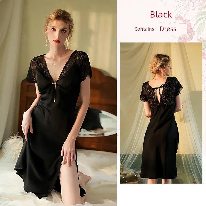 French Style Elegance Sexy Couple Date Nightdress/See-through Lace Edge Deep V Split Hollow Dress/Pajamas
