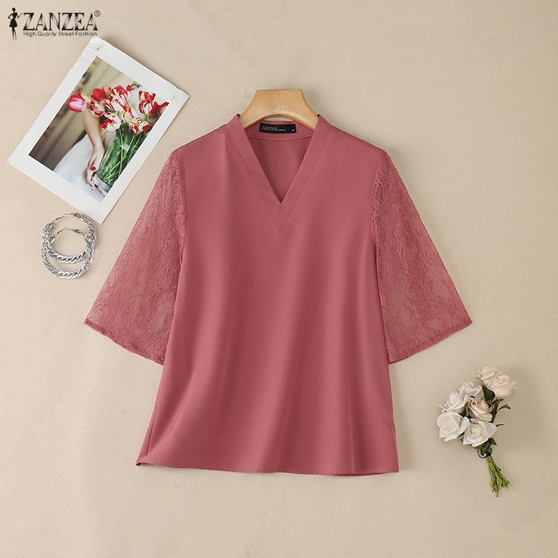 ZANZEA Women Casual V-Neck Lace Splice 3/4 Sleeve Blouse