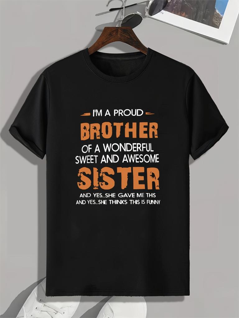 Orange Design Letters BROTHER SISTER Print Mens Fashion Trend Crewneck Tshirt Can Be Worn In Spring