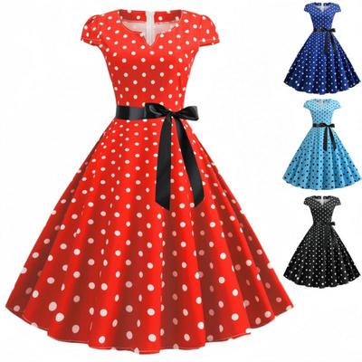 Abito Hepburn a Pois Estivo con Fiocco - Stile Ampio Svasato