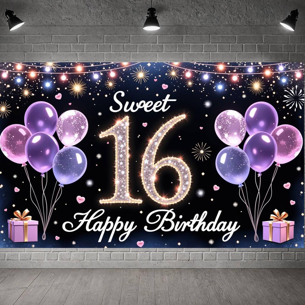 16th Birthday Display Heart Accent Sweet 16 Banner Backdrop Golden Number Sweet Celebration Display For Photo Backdrop Birthday