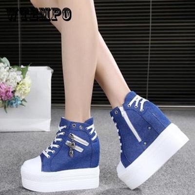 Damen-Segeltuchschuhe, Keilabsatz, dicker Boden, erhöhte Freizeitschuhe, hochhackige Plateau-Schnürkeil-Sneaker