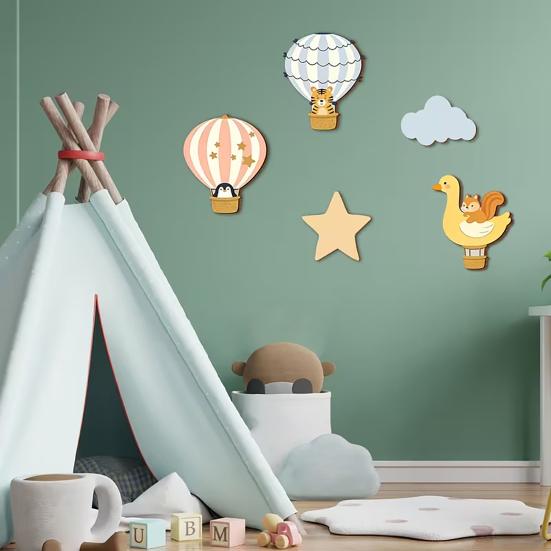 5 Pcs Hot Air Balloon Wall Art with Star Cloud Cartoon Animal Wooden Balloon Nursery Decor Boho Wall Sculpture for Living Room Bedroom Playroom