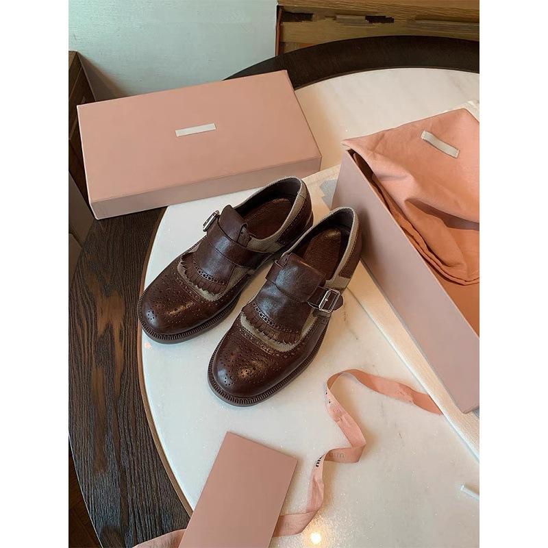 Cowhide version heavy industry leather single shoes women's British style retro thick heel fringed carved loafers Brock small leather shoes