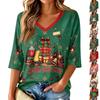 Women's Casual Christmas Print V-Neck Top with 3/4 Sleeves for Holiday Party Wear